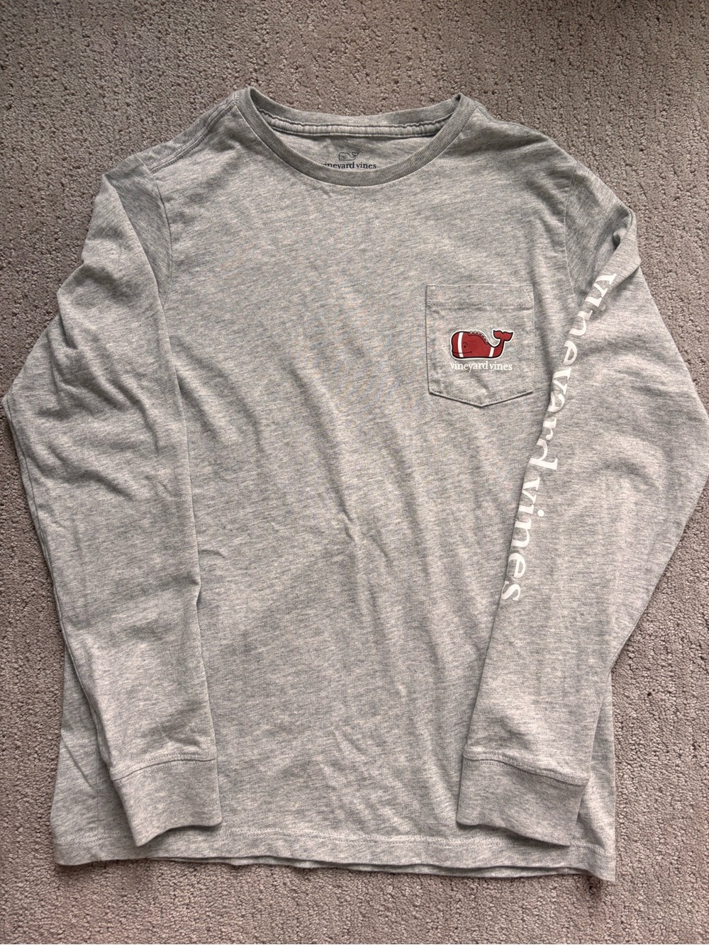 Vineyard Vines Kid’s Long-Sleeve Pocket Tee - Light Gray with FootballWhale Logo